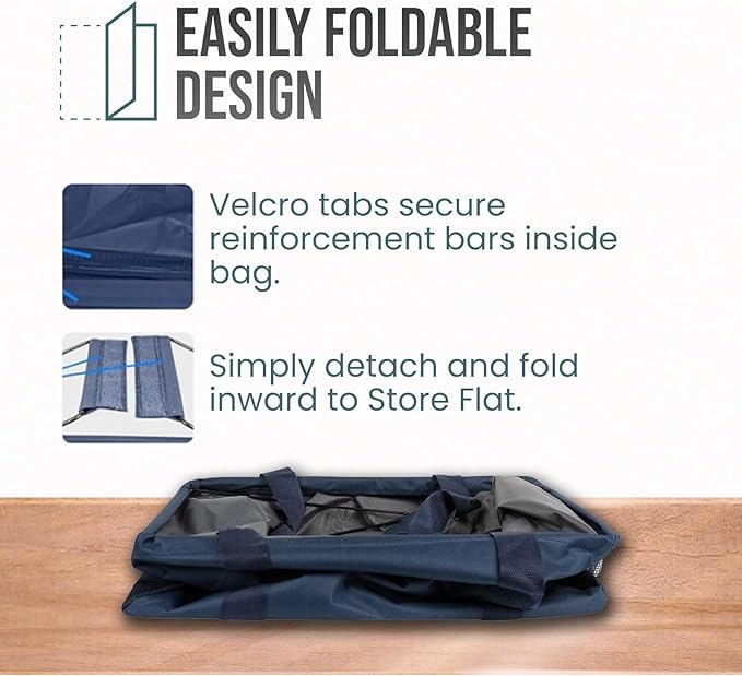 Extra Large Utility Tote Bag - Oversized Collapsible Tote with Wire Frame, Durable Reusable for Beach, Groceries, Laundry, Car Trunk, Storage and Travel - Includes 5x7 Bag with Hook - Navy Blue