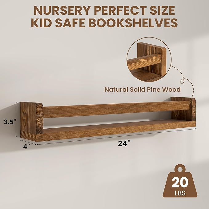Fun Memories Nursery Book Shelves Set of 4, 24 Inch Solid Wood Wall Book Shelves, Kids Room Floating Shelves Organizer & Toy 
