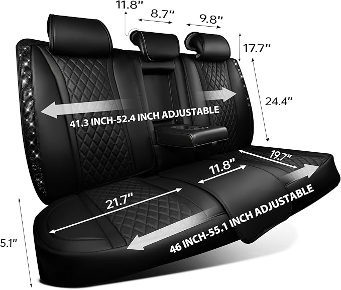 CAR PASS Bling Diamond Back Seat Covers, Nappa Leather Rear Seat Bench Cushion Waterproof Breathable Back Row Protector Unive