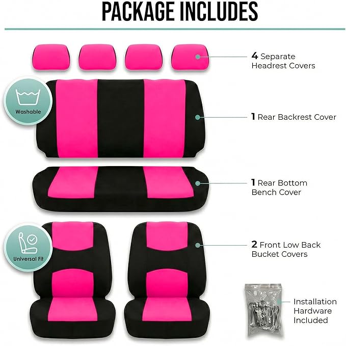 FH Group Bright Flat Cloth Full Set Automotive Seat Covers Front Set and Rear Solid Bench Pink Black Seat Covers w. Gift Univ