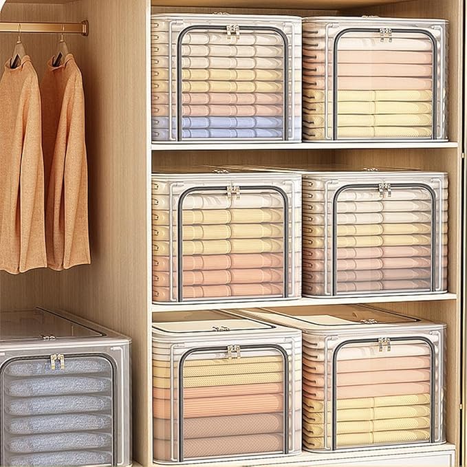 byg 56L Closet Organizer Storage Bin Waterproof Ttansparent Storage Bins Stackable Foldable Steel Frame storage Boxes for Com