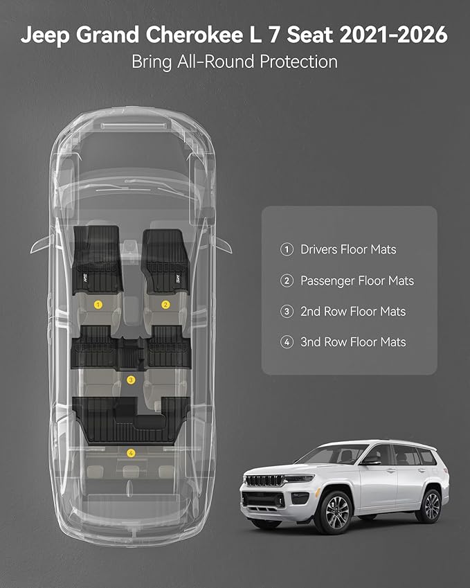 3W Floor Mats Fit for Jeep Grand Cherokee L 7 Seat 2021-2025 2026 All Weather TPE Custom Fit Floor Liner for 1-3 Rows Full Set Car Mats Black(NOT Fit for 6-Passenger)