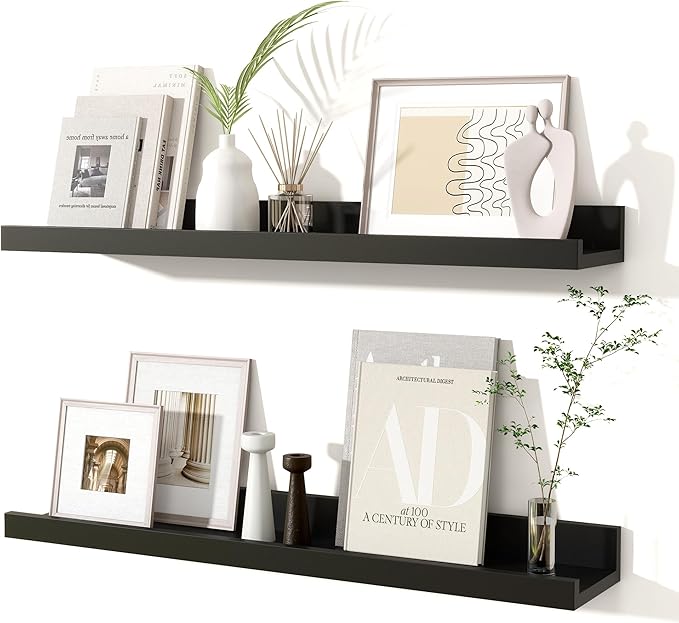 Fun Memories Picture Ledge Shelves Set of 2, 24 Inch Rustic Wall Mounted Floating Shelves with Lip for Home Storage and Décor