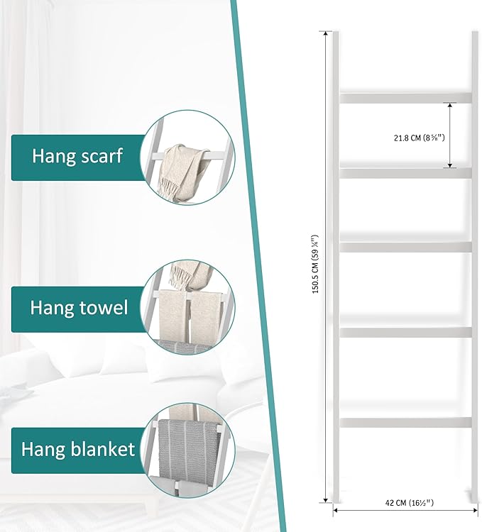 WTZ Bamboo Blanket Ladder, 5-Layer Towel Racks, Blanket Holder with Anti-Slip Construction Home Decor, Decorative Blanket, Qu