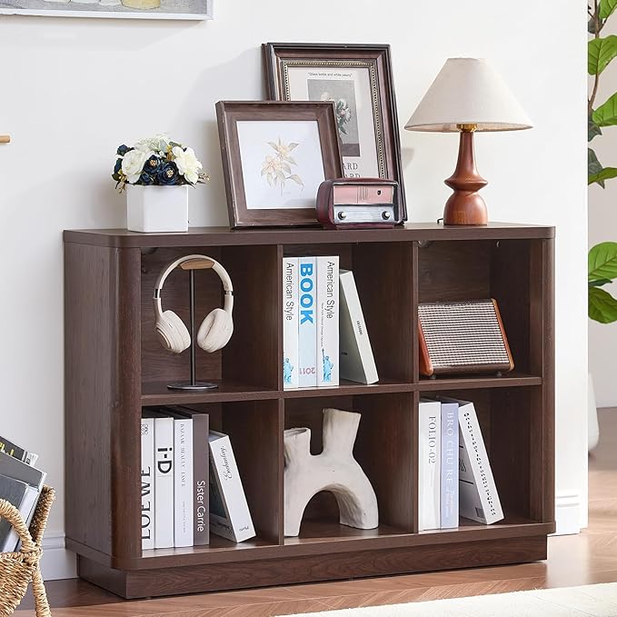 Joaxswe 6 Cube Storage Bookcase, 40" Wide Low Horizontal Book Shelf with Curved Edge, Wood Floor Standing 2-Tier Bookshelf wi