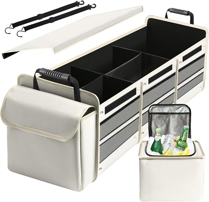 Car Trunk Organizer with Insulated Leakproof Cooler Bag, 4 in 1 Waterproof Portable Car Storage Organizer with Collapsible Cover, 3