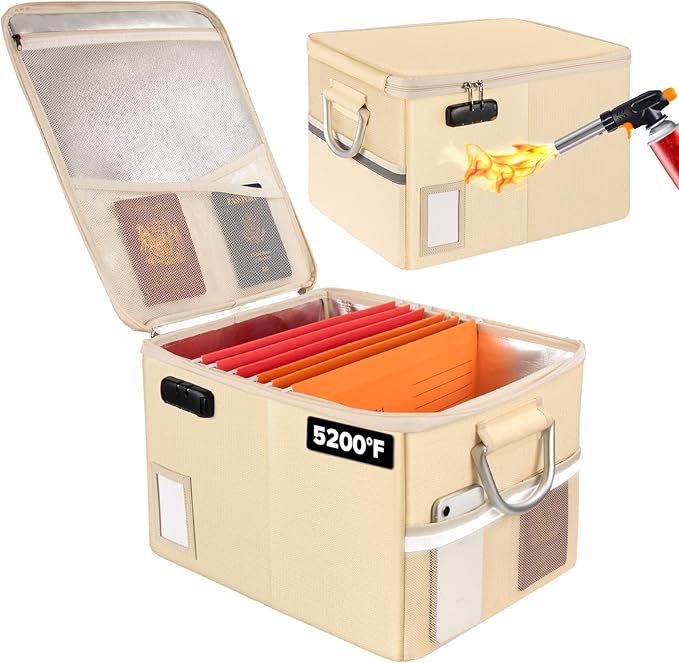 TOMKID 5200°F Fireproof Document Box, Fire Important Document Organizer with Lock, Upgraded Heat Insulated Filing Storage Cab