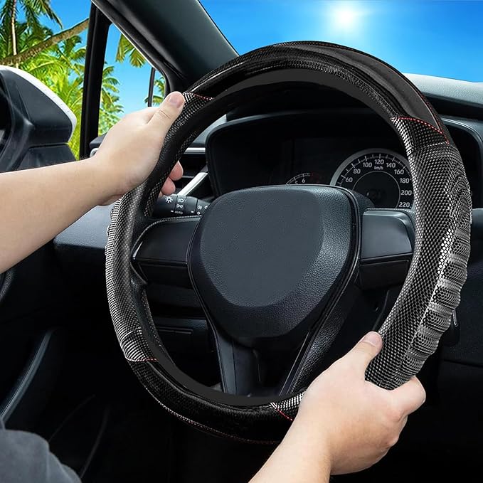 5D Honeycomb Black Car Steering Wheel Cover,14.5-15 Inch Universal Carbon Fibre Leather Covers Breathable Anti-Slip Odorless 