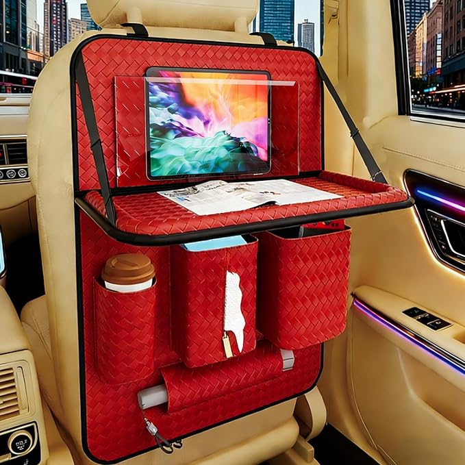 Car Back Seat Organizer, Black Woven Leather Storage Bag, Multifunctional Rear Seat Protector with Tablet Holder, 25.2x17.7 Inches, Red