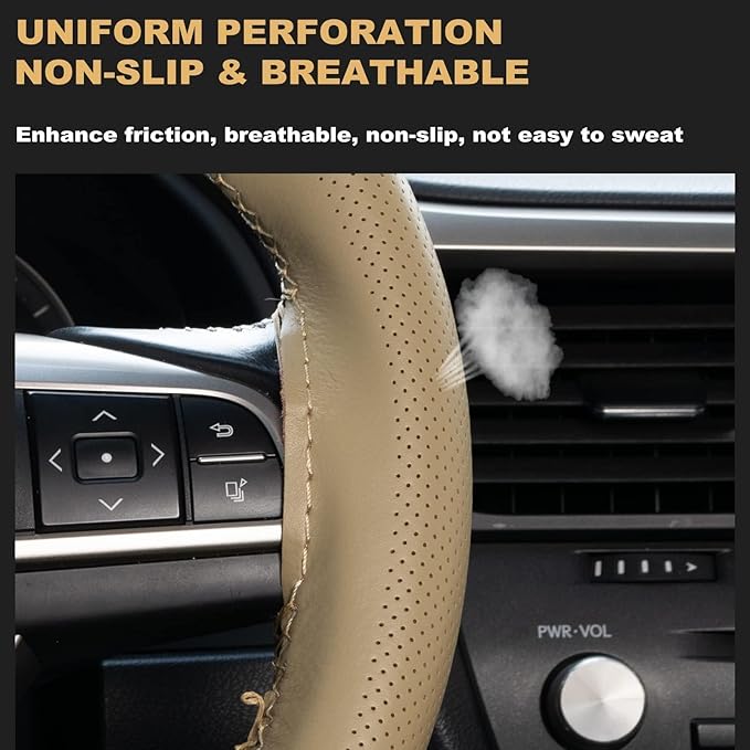 AUTOXBERT 38cm/15 Inch Genuine Leather DIY Steering Wheel Cover Soft Hand Sewing On Wrap Cover with Needles Thread fit for VW