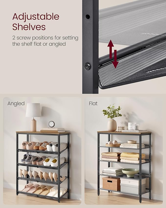 VASAGLE Shoe Rack for Entryway, 5-Tier Shoe Rack Organizer with Storage Shelves and Spacious Top, Freestanding, Adjustable, I