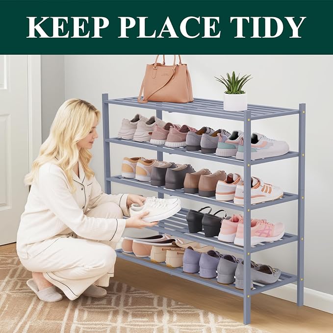 Smiry Long Bamboo Shoe Rack 5-Tier, Stackable Wooden Shoe Organizer for Entryway & Closet, Free Standing Wood Shoe Storage Sh