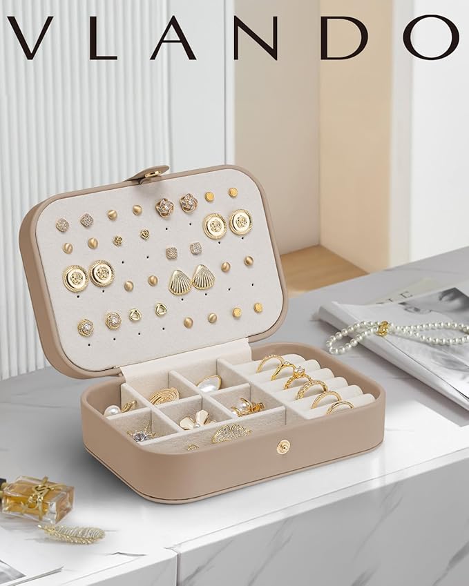 VLANDO Travel Jewelry Case for Women Girls Mothers, PU Leather Small Jewelry Box for Rings, Necklaces, Bracelets, Earring Hol