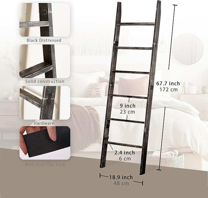 Blanket Ladder for The Living Room 6-Tier, Wooden Decorative Quilt Holder for Bed Room, Wall-Leaning Wood Towel Rack for Bath