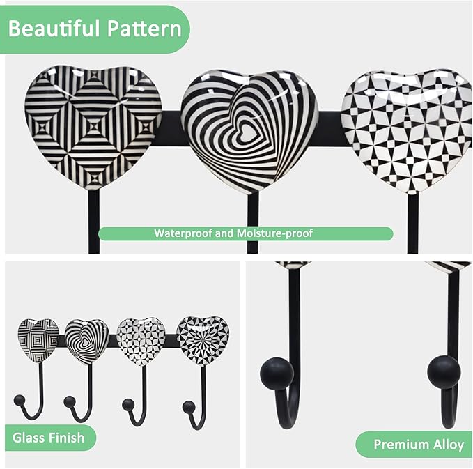Coat Rack Wall Mounted with 4 Hooks, Heart Geometric Pattern Decorative Wall Hooks for Hanging Hat, Key, Towel, Purse, Bag an