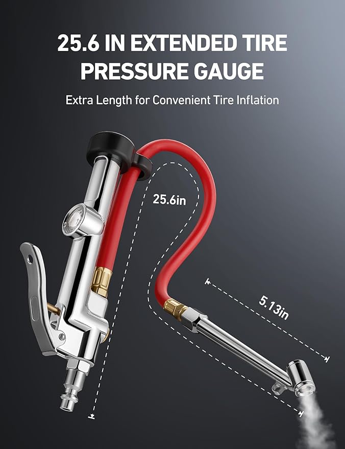 AstroAI 25.6'' Heavy-Duty Tire Pressure Gauge with Inflator, Dual Head Chuck ANSI B40.1 Accurate Tire Inflator with Pressure Gauge, 10-120PSI, Compatible with 1/4" NPT Air Compressor