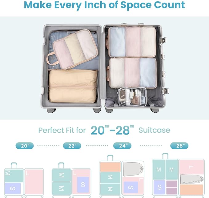 Cambond Mesh Compression Packing Cubes - 6 Piece Expandable See Through Packing Cubes for travel with Shoe and Makeup Bag, Tr