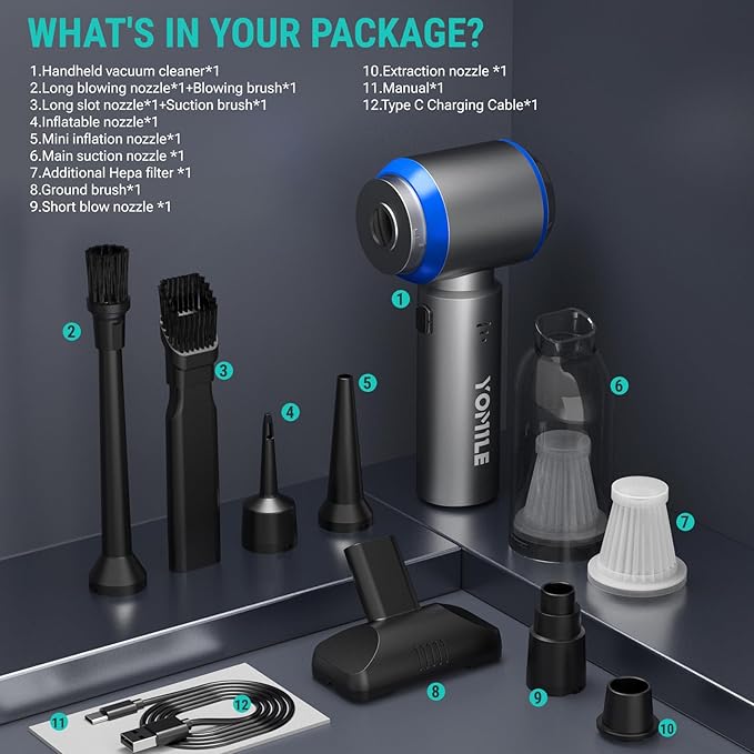 Mini Vacuum Cleaner, 2 in 1 27000PA Brushless Car Vacuum &250000RPM Air Duster 9000mAh Battery Air Blower Wireless Handheld V