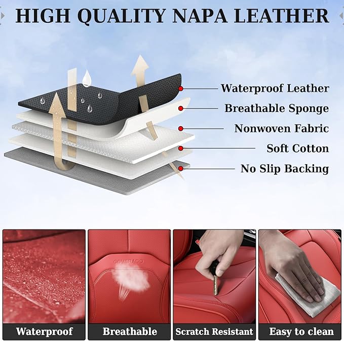 Coverado Car Seat Covers Full Set, Premium Nappa Leather Seat Covers for Car, Waterproof Car Seat Protector with Lumbar Suppo