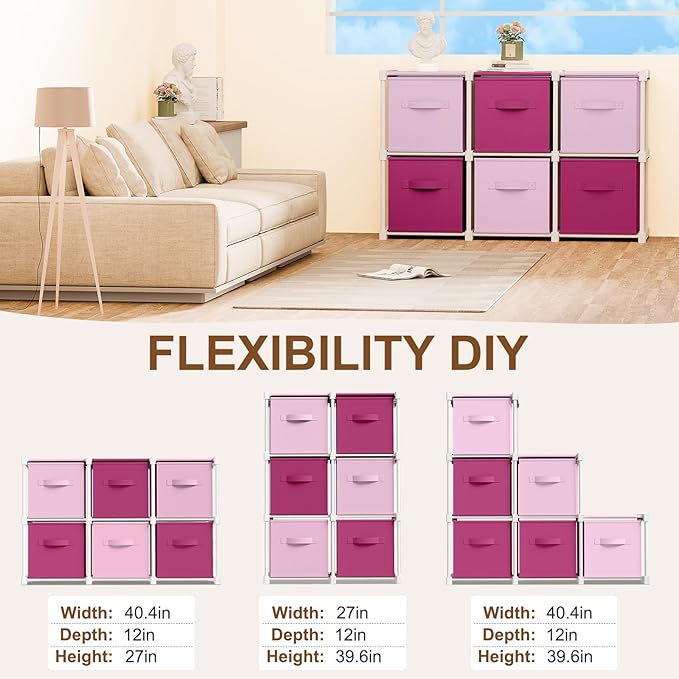 6 Cube Storage Organizer with Shelf Back to School Boxes 11 Inch Toy Storage Bins Closet Organizers Drawers Fabric Dresser fo