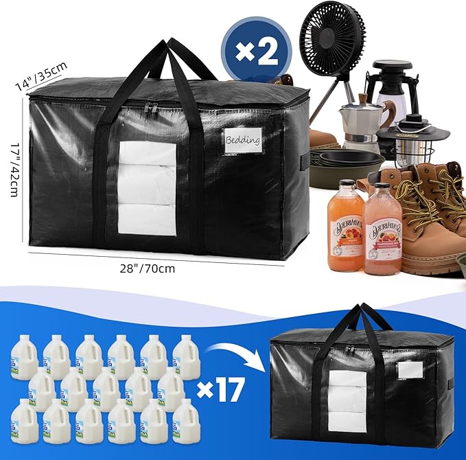 TAILI Extra Large Moving Bags, 2 Pack Black Heavy Duty Totes For Storage with Visible Window, Wrap Around Handles, Storage Ba