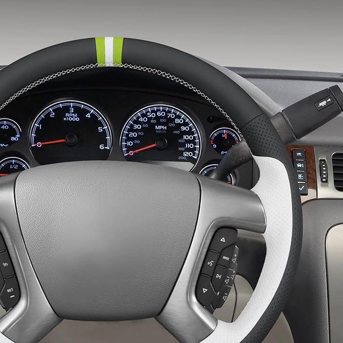 MEWANT Hand Stitch Steering Wheel Cover for Chevy Silverado 1500 Avalanche Black White Faux Leather Steering Wheel Wrap
