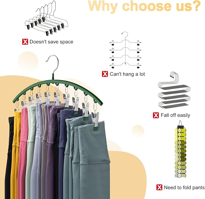 Legging Organizer for Closet, Metal Yoga Pants Hangers 2 Pack w/10 Clips Holds 20 Leggings, Space Saving Hanging Closet Organ