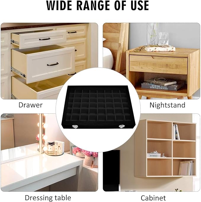 Siveit Velvet Jewelry Tray 48 Grid Jewelry Display Tray Organizer Box with Transparent Lid Rings Earrings Necklaces Pendants 