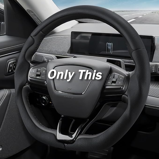 3-Piece Leather Steering Wheel Cover for Ford Mustang Mach-E 2021-2026, Custom Fit Clip-On Quick Installation Ultra-Thin Form-Fitting Interior Car Accessories for Men Women(Black Hole)