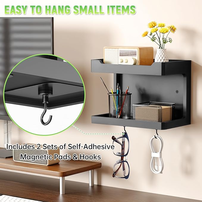 NiHome Large Wall Mounted Wooden Bedside Organizer, Double Storage Shelves & Magnetic Hooks, Solid Wood Bedside Shelf for Pho