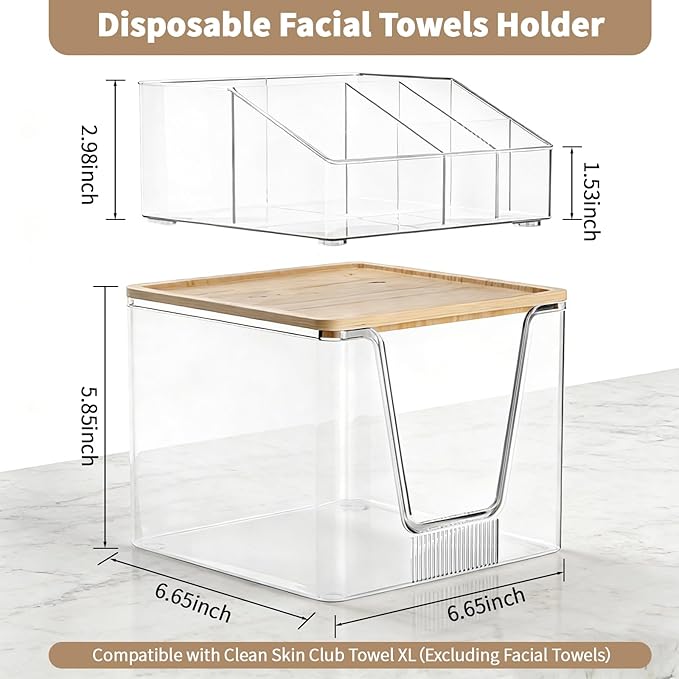 2 in 1 Disposable Facial Towel Holder and Cosmetic Organizer, Clear Storage with Bamboo Lid Compatible with Clean Skin Club T