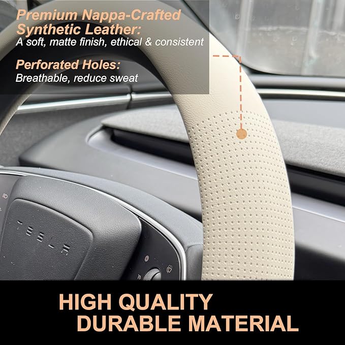 PINCTROT Nappa Leather Steering Wheel Cover for Tesla Model Y/3 Highland/Juniper, D Shaped 14 Inch Small Sized with Breathabl