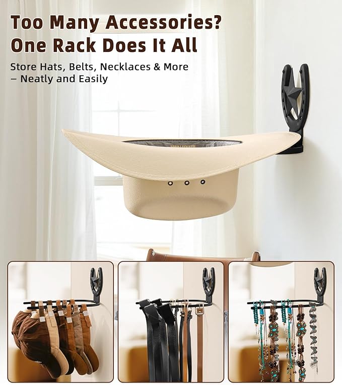 Cowboy Hat Holder Wall Mount for Wide Brim Hats Rustic Horseshoe Hooks with Texas Star Metal Hat Hanger Organizer for Closet 