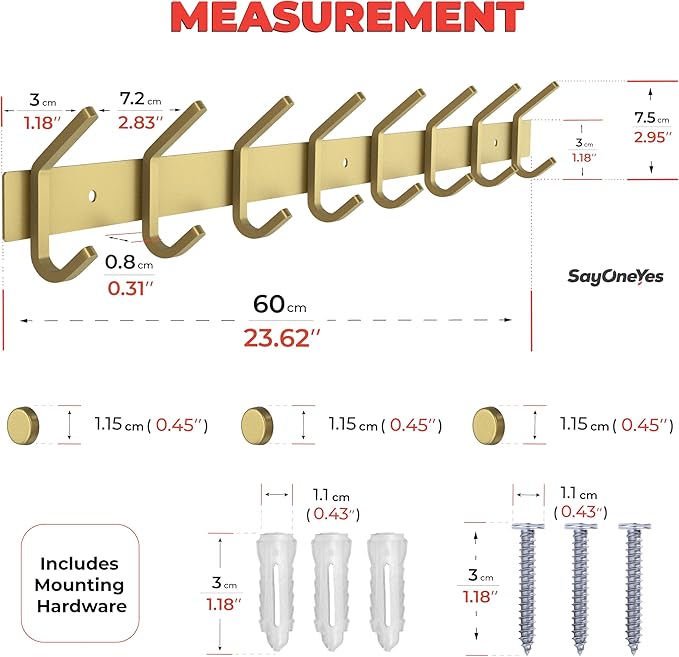 Brushed Gold Wall Mounted Coat Rack – 24 Inch Stainless Steel Rail with 8 Double Coat Hooks for Entryway, Bathroom, Bedroom, 