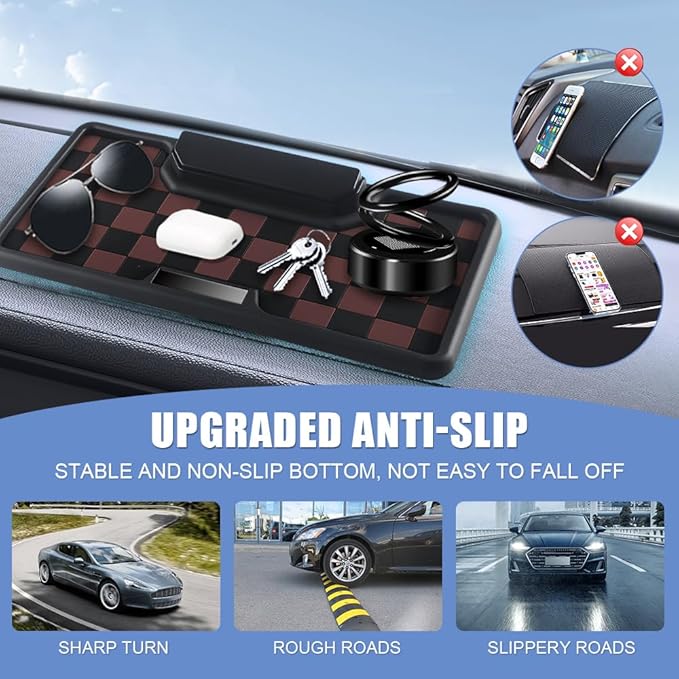 Car Anti Slip Mat Dashboard Tray Decorations Sticky Pad Multi Functional Thicken Washable Checkerboard Design with Universal 