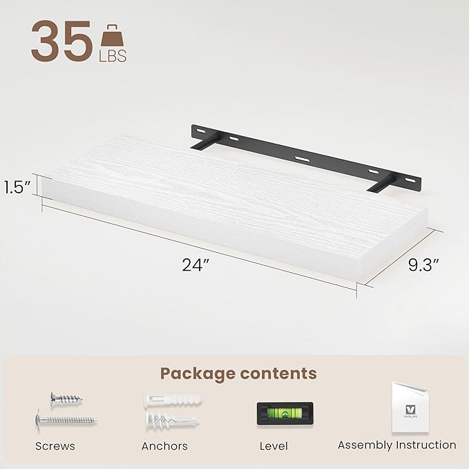 Vivelove White Floating Shelves for wall, 24 Inch Wall Display Shelves with Invisible Brackets, for Bathroom Living Room Kitc