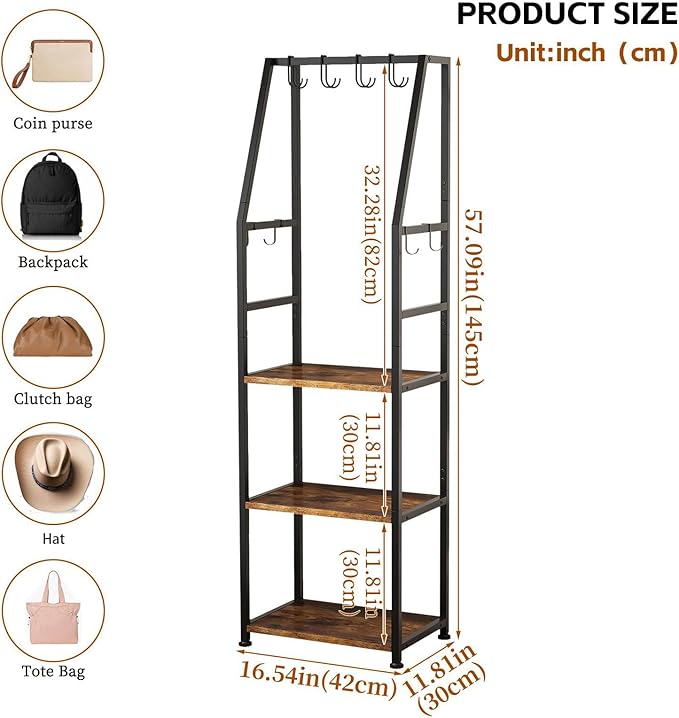 3-Tier Purse Stand Handbag Organizer, Hall Tree for Entryway Steel Frame, with 8 Removable Hooks，Clothes Rack Stand Organizer