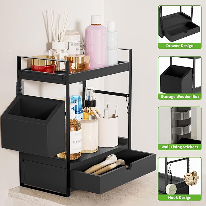 2-Tier Bathroom Counter Organizer with Drawer and Basket, Wood Countertop Organizer for Storage, Skincare Organizers for Vani