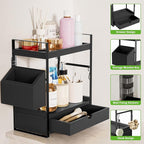 2-Tier Bathroom Counter Organizer with Drawer and Basket, Wood Countertop Organizer for Storage, Skincare Organizers for Vani