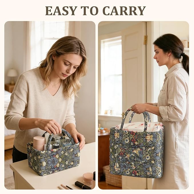 Small Storage Basket Organizer, Mini Fabric Floral Storage Baskets with Handle, Quilted Portable Collapsible Storage (Vine-Bl