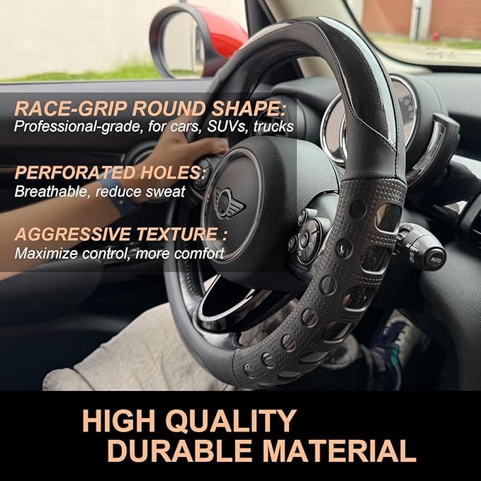 PINCTROT Race Grip Steering Wheel Cover, Anti Slip Silicone Perforated Design with Soft Touch Padding, Enhanced Grip for Sporty Driving,Universal 14.5-15 Inch (Racing Black)