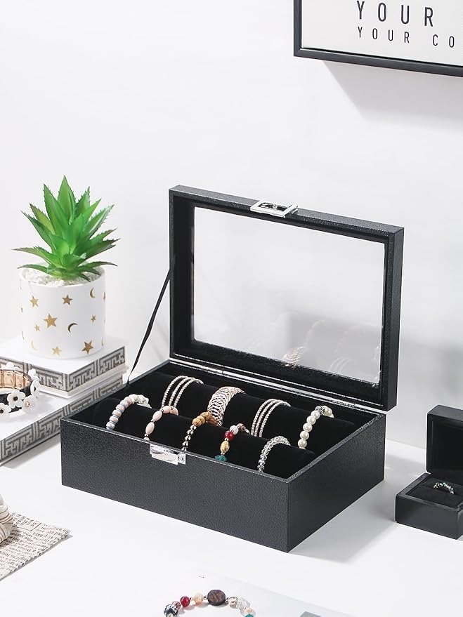 Bracelet Holder Organizer Box, Jewelry Storage Case with 2 Rods, Bangle Watch Display Tray for Women Girls (Black)
