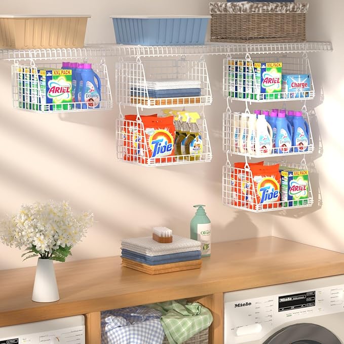 PUPPYCUTE 3-Pack Laundry Room Organization and Storage, Hanging Wire Basket for Laundry with 360°Rotating Hooks, Over Washer 