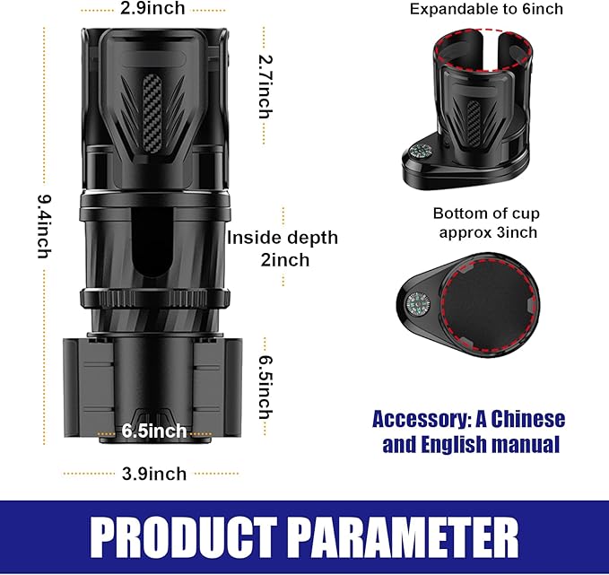 Dual Car Cup Holder Expander, 2 in 1 Multifunctional Auto Drink Adapter with Adjustable Base, 360 Degrees Rotating Cupholder Extender with Compass, Universal Car Accessories
