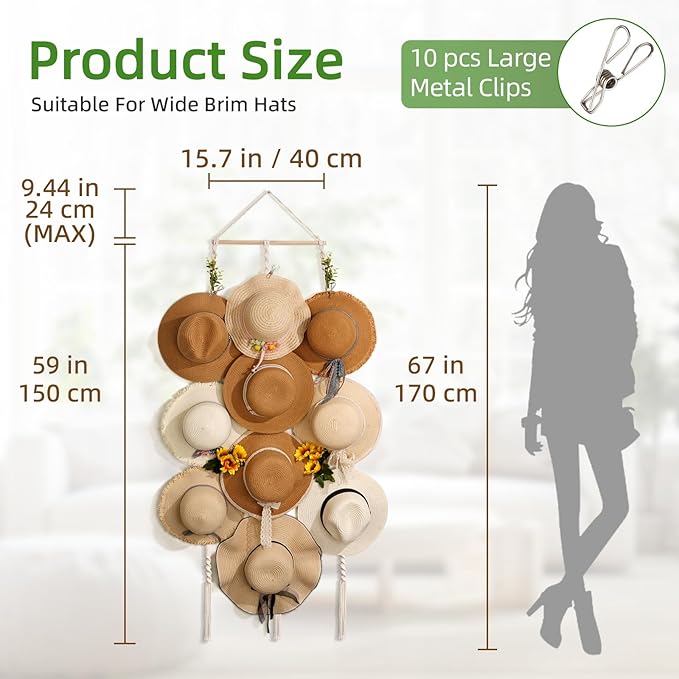 Macrame Hat Hangers for Wall Wide Brimmed Hat Holder Storage 10 Clips Hat Rack Organizer for Wall Display Boho Decor for Fedo