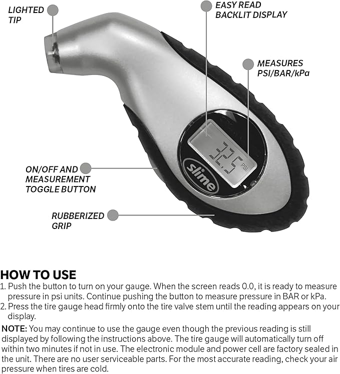 Slime 20017 Tire Pressure Gauge, Digital Gauge, 5-150 PSI