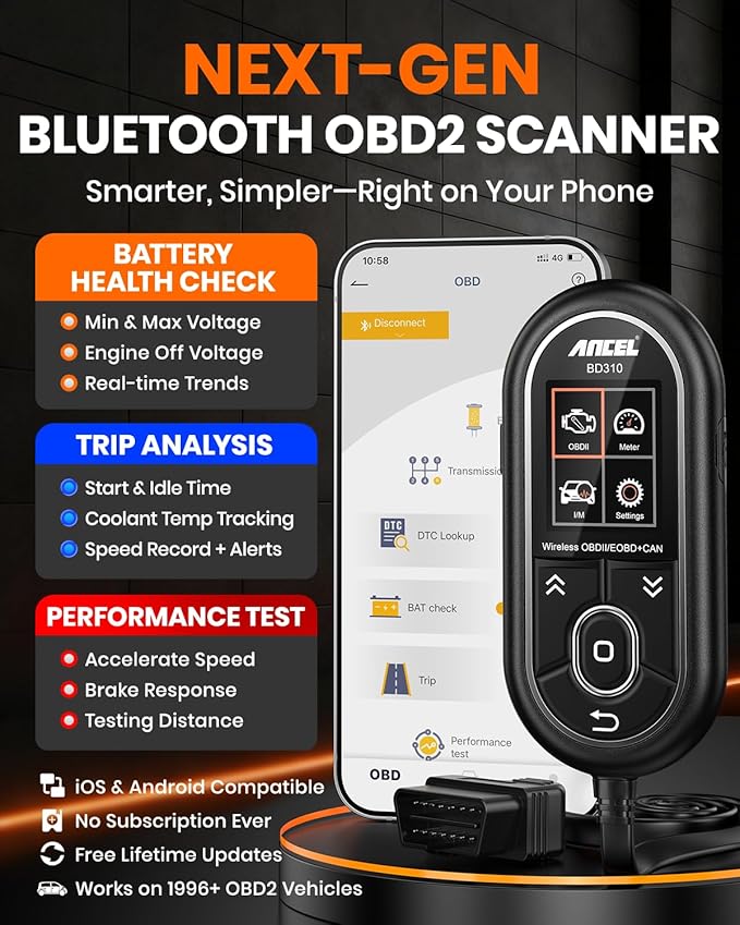 ANCEL BD310 OBD2 Scanner & Engine Code Reader - Advanced Battery Test, Trip Analysis, Performance Test, Bluetooth Diagnostic