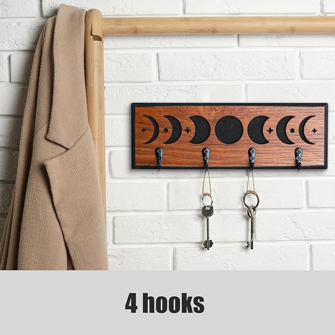 IRISVITA Witchy Moon Key Holder for Wall, Small Moon Phase Boho Wall Decor, Gothic Home Decor, Boho Decor, Wooden Key Organiz