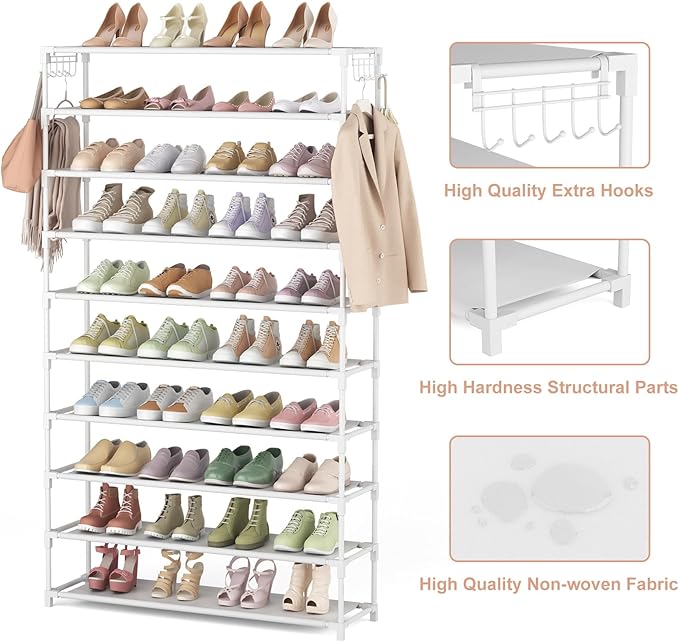 LANTEFUL 10 Tiers Shoe Rack 50 Pairs Large Capacity Tall Shoe Organizer Sturdy Shoe Storage with Two Hooks Space Saving Metal
