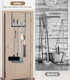 Broom Holder Over The Door-304 Stainless Steel Mop and Broom Holder Wall Mounted or Hanging Over The Door with Hooks - Broom 